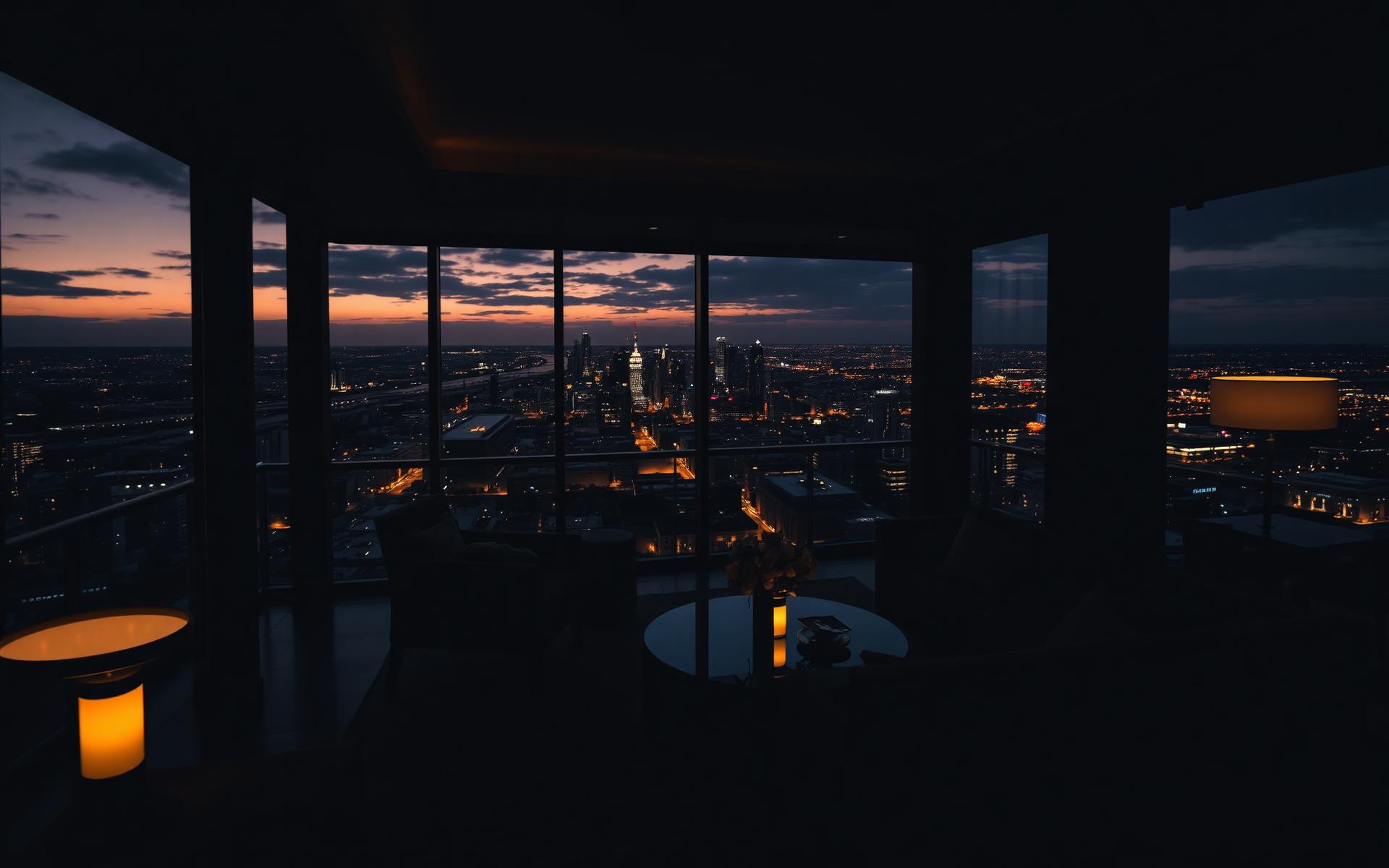 Penthouse-Blick über die Stadt in der Dämmerung